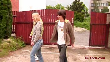 young petite blonde teen explores bisexual mmf fun