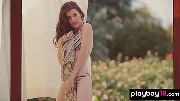 serena wood strips outdoors showing her natural tits and shaved pussy