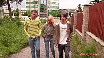 young petite blonde teen explores bisexual mmf fun