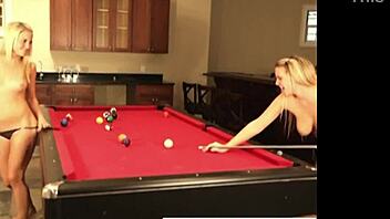 damn cute blonde lesbians flash natural tits licking pussies on billiards