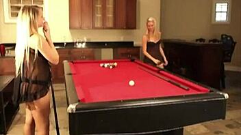 damn cute blonde lesbians flash natural tits licking pussies on billiards