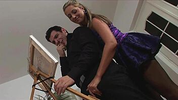 painter bends over two busty models for ffm pussy riding threesome