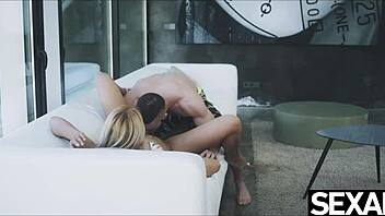 Blonde gives wild sloppy blowjob then rides to creampie bliss