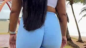 morning walk in tight leggings shows off amateur brunette ass pov