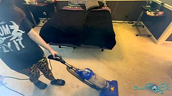 brunette milf housewife vacuums bedroom corners meticulously long hair swaying