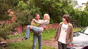 young petite blonde teen explores bisexual mmf fun