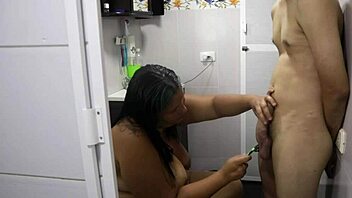 hot latina milf neighbor shaves cock then squirts on toilet