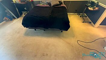 brunette milf housewife vacuums bedroom corners meticulously long hair swaying