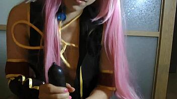 megurine luka vocaloid cosplay babe sucks cock and masturbates wildly