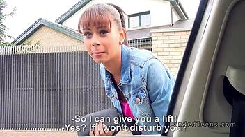 Tanned hitchhiker teen with pierced tits fucks big cock outdoors POV