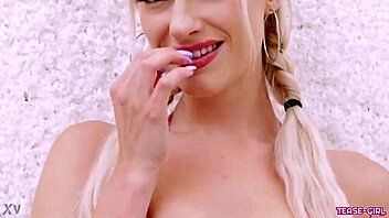 radiant blonde babe flaunts her petite sexy body on sofa