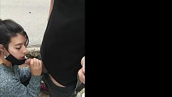 hey amateur brunette babe gives sloppy public blowjob outdoors pov