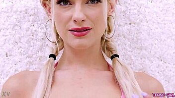 radiant blonde babe flaunts her petite sexy body on sofa