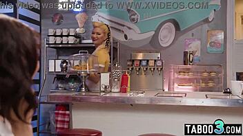 Ebony teen Alexis Tae eagerly laps blonde MILF waitress's juicy pussy