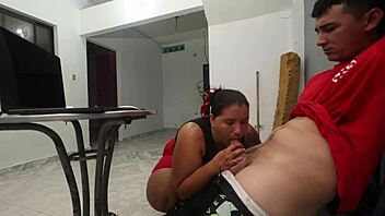 Colombian milf jerks monster cock at work then squirts wildly