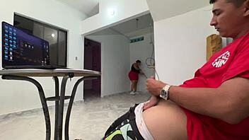 Colombian milf jerks monster cock at work then squirts wildly