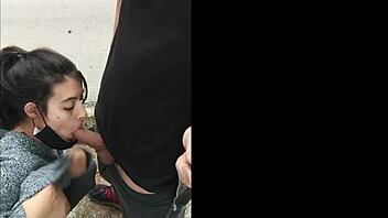 hey amateur brunette babe gives sloppy public blowjob outdoors pov