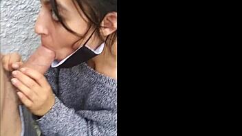 hey amateur brunette babe gives sloppy public blowjob outdoors pov