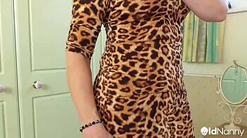 Cheetah dress milf strokes in red negligee solo