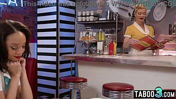 Ebony teen Alexis Tae eagerly laps blonde MILF waitress's juicy pussy