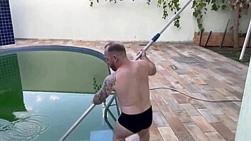 Hot boss pays tiny pool boy with creampie pussy fuck!