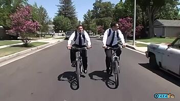 two bikers pick up big titted bimbo for rough fuck