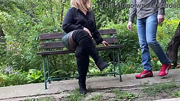 curvy mature bbw flashes hairy pussy in pantyhose outdoors