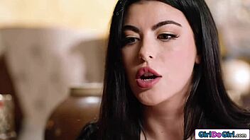 Petite brunette sneaks licks on her big tit latina milf boss's pussy