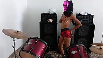 Hot Latina brunette preps for Halloween in homemade daddy play