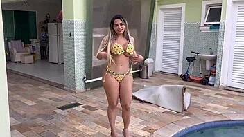 Hot boss pays tiny pool boy with creampie pussy fuck!