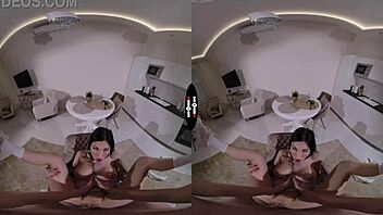 in that dark vr room this good-hearted brunette babe strokes cock with her big tits and shaved pussy
