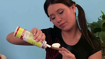 Brunette teen fingers pussy then takes anal kitchen fuck