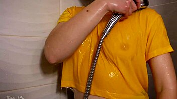 Milf, why tease your wet pantyhose pussy in steamy shower voyeur style?