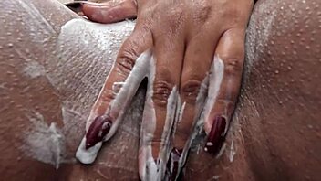 latina babe shaves pussy and ass in shower for pov doggystyle pounding