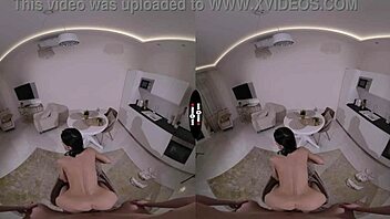 in that dark vr room this good-hearted brunette babe strokes cock with her big tits and shaved pussy