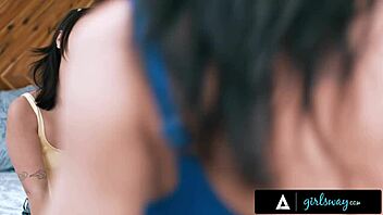 Girlsway's horny petite Kimmy Kimm watches stacked Reagan Foxx bikini fitting