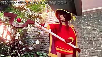 Megumin Konosuba cosplay babe rides cock cowgirl creampie pov