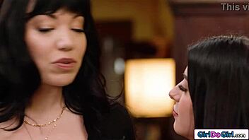 Petite brunette sneaks licks on her big tit latina milf boss's pussy