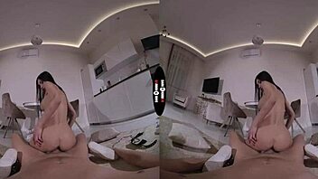 in that dark vr room this good-hearted brunette babe strokes cock with her big tits and shaved pussy