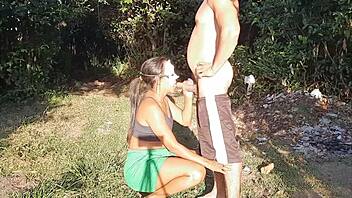 Safado takes brunette to woods for deep assfucking creampie