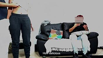 Older man tests young woman before her humiliated boyfriend.