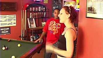 Pool Hall Babe Swallows Group Cumshots Wildly!