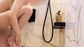 Skinny ponytail japanese bathes showing cute feet and small tits