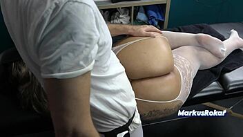 pervy masseur grinds dick on colombian milf's huge oiled ass!