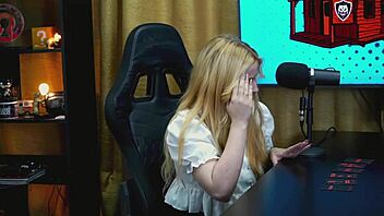 that tiny panty on the podcast table shows her whole wet pussy begging for it