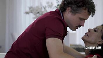 the passionate brunette couple dives deep into rough erotic fucking bliss together