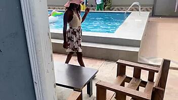 young ebony babe rides hard giving poolside orgasm sex ride