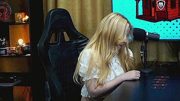 that tiny panty on the podcast table shows her whole wet pussy begging for it