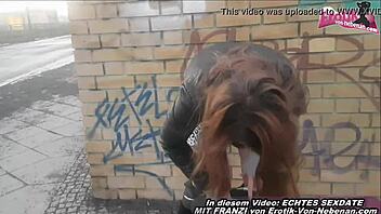 german slut pisses publicly into her own handbag pov