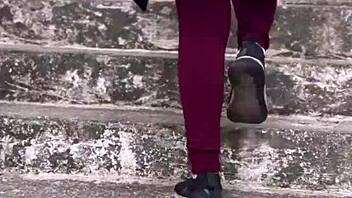 horny pink pussy climbs hill for public fuck